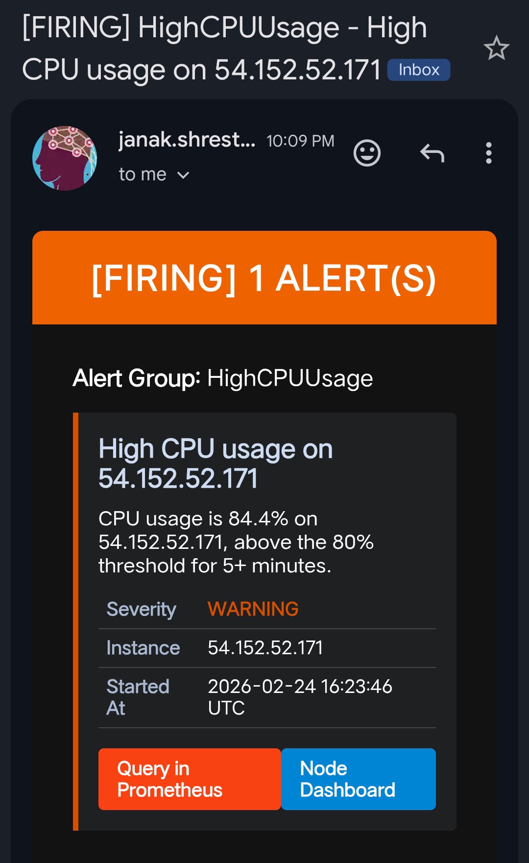 High CPU warning email