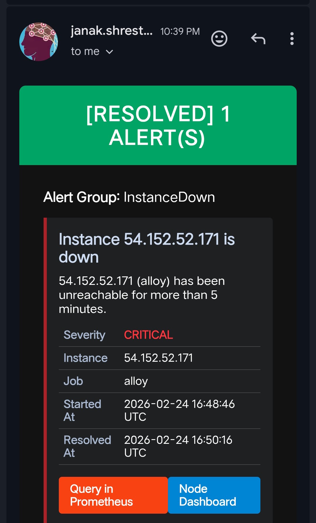 Node recovered email